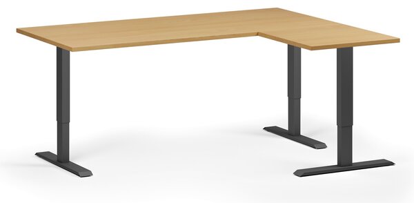 Výškovo nastaviteľný stôl, 180x140 cm, 3 motory, L/P, čierna podnož, buk