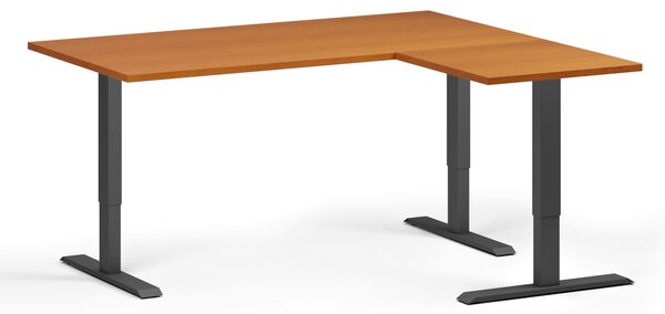 Výškovo nastaviteľný stôl, 160x140 cm, 3 motory, L/P, čierna podnož, čerešňa