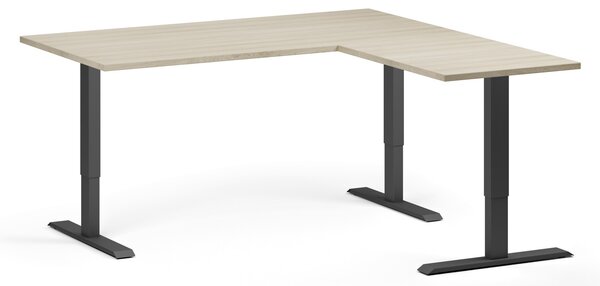 Výškovo nastaviteľný stôl, 160x160 cm, 3 motory, L/P, čierna podnož, dub prírodný