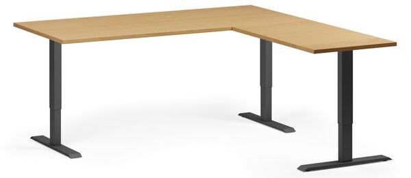 Výškovo nastaviteľný stôl, 180x180 cm, 3 motory, L/P, čierna podnož, buk
