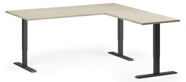 Výškovo nastaviteľný stôl, 180x180 cm, 3 motory, L/P, čierna podnož, dub prírodný
