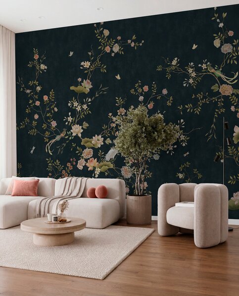 Tapety Kvitnúce vetvy s vtákmi na tmavom pozadí, Fototapety orientálny štýl, w05416v3 : Uwalls.sk