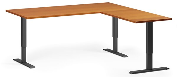 Výškovo nastaviteľný stôl, 180x180 cm, 3 motory, L/P, čierna podnož, čerešňa