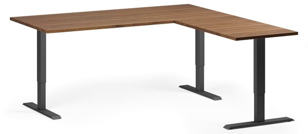 Výškovo nastaviteľný stôl, 180x180 cm, 3 motory, L/P, čierna podnož, orech