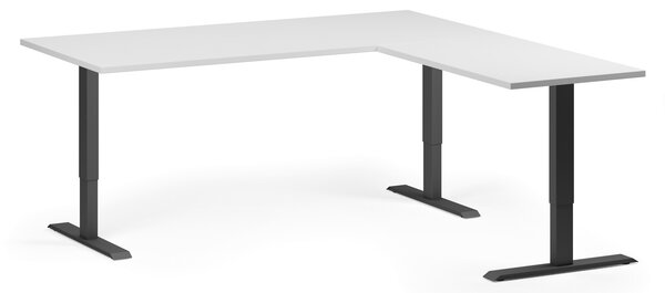Výškovo nastaviteľný stôl, 180x180 cm, 3 motory, L/P, čierna podnož, biela