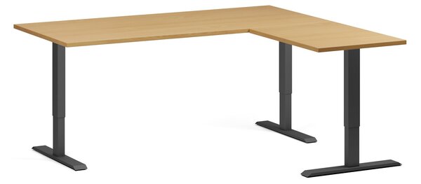 Výškovo nastaviteľný stôl, 180x160 cm, 3 motory, L/P, čierna podnož, buk