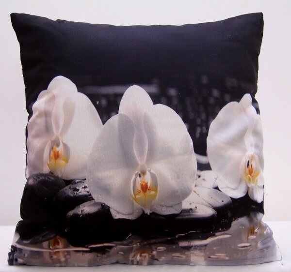 Biela obliečka na vankúše s bielymi orchideami Čierna