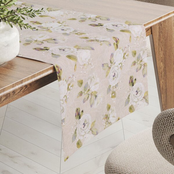Biante Dekoračný behúň na stôl PML-059 Biele ruže s perokresbou na béžovom 20x120 cm
