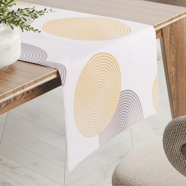 Biante Zamatový behúň na stôl Tamara TMR-023 Žlté a sivé designové kruhy na smotanovom 20x120 cm