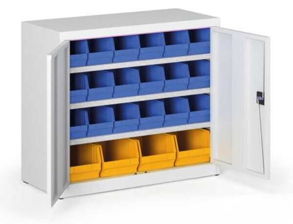 Skriňa s plastovými boxmi BASIC - 800 x 400 x 920 mm, 18x B, 4x C, sivá/sivé dvere