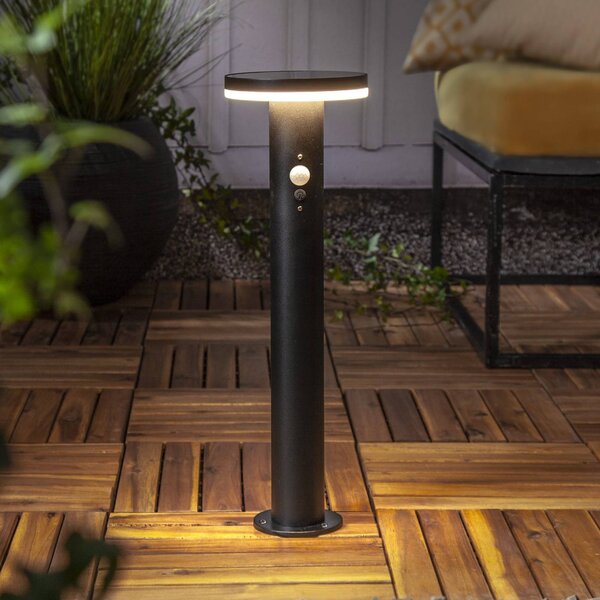 STAR TRADING Solárne LED svietidlo na podstavci Valletta Sensor čierny kov 50 cm, Čierna, Nehrdzavejúca oceľ, Moderný, Vonkajčie stĺpové osvetlenie