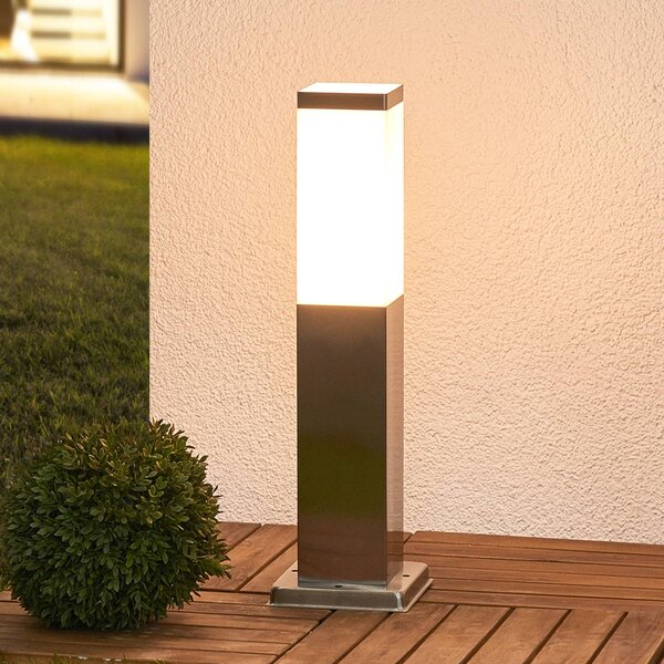 Lindby podstavec Lorian, 45 cm, nerezová oceľ, IP44, E27, Hliník / sivá / zinok, Nehrdzavejúca oceľ, Moderný, Vonkajčie stĺpové osvetlenie