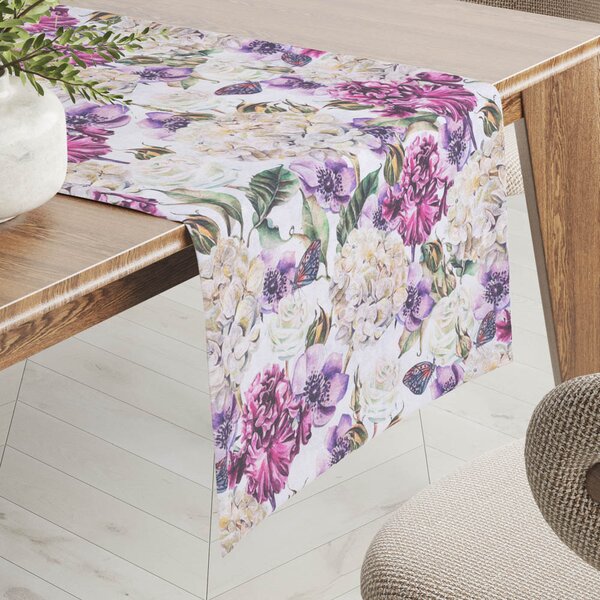 Biante Dekoračný behúň na stôl PML-108 Fialové kvety s motýlikmi na bielom 20x120 cm