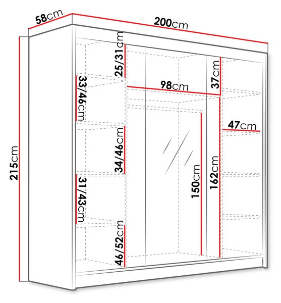 Veľká zrkadlová šatníková skriňa 200 cm TIOGA - kašmír