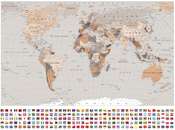 Tapety Politická mapa sveta s vlajkami v odtieňoch hnedej a béžovej v nemčine, Jedinečné tapety, c00004dev2 : Uwalls.sk