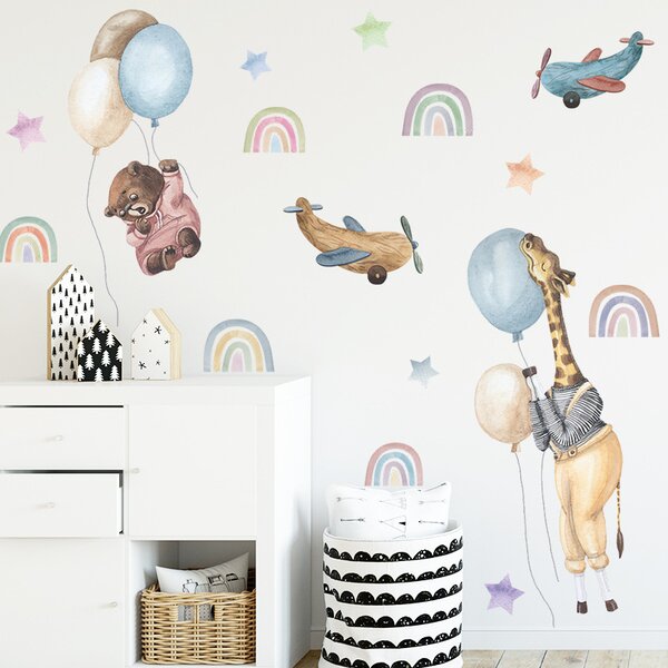 Samolepka na stenu "Zvieratká s balónmi a dúhami" 68x68cm