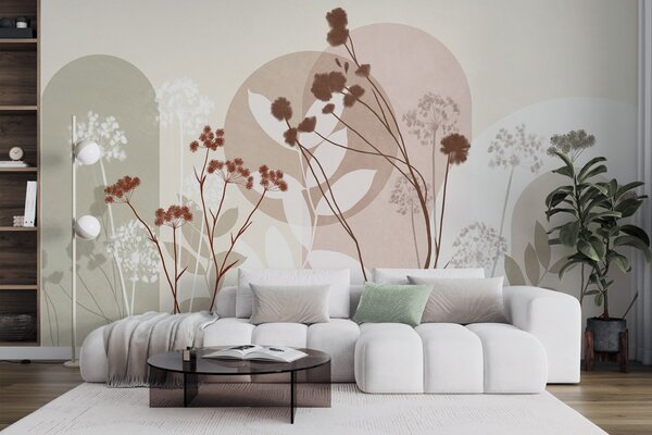 Tapety Botanická a minimalistická kompozícia zo sušených kvetov a listov s abstraktnými, 3D fototapety, Fototapety 3d kvety, w09906v1 : Uwalls.sk