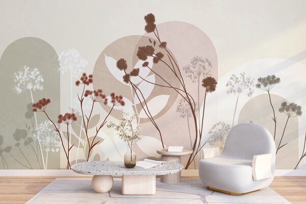 Tapety Botanická a minimalistická kompozícia zo sušených kvetov a listov s abstraktnými, 3D fototapety, Fototapety 3d kvety, w09906v1 : Uwalls.sk