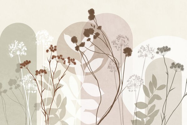 Tapety Botanická a minimalistická kompozícia zo sušených kvetov a listov s abstraktnými, 3D fototapety, Fototapety 3d kvety, w09906v1 : Uwalls.sk