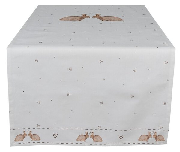 Bavlnený obrus - behúň v bielom farebnom prevedení s dekorom zajačikov a srdiečok 50 x 140 cm Clayre & Eef 41988