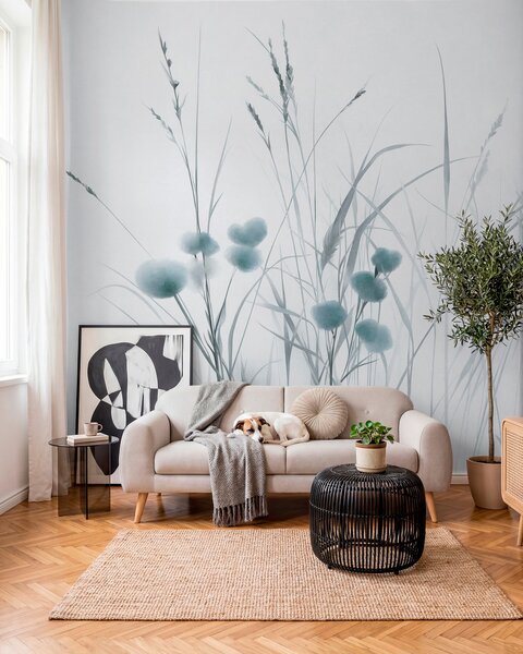 Tapety Vysoká tráva a drobné modré poľné kvietky na bledom pozadí, textúrovaný štýl boho, Fototapety s prírodnými motívmi, w09902v1 : Uwalls.sk
