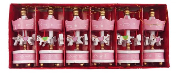 Set 6ks ružová vianočná drevená ozdoba kolotoč s koníkmi - 6*1*18 cm - Clayre & Eef