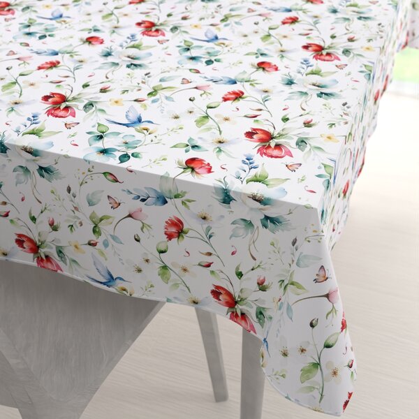 Biante Dekoračný obdĺžnikový obrus Rongo RGP-507 Akvarelové kvety s kolibríkmi na bielom 50x100 cm