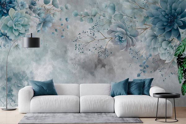 Tapety Pohľad zhora na fantazijné kvety v retro štýle v odtieňoch modrej a tyrkysovej, Fototapety akvarel, w05753v1 : Uwalls.sk