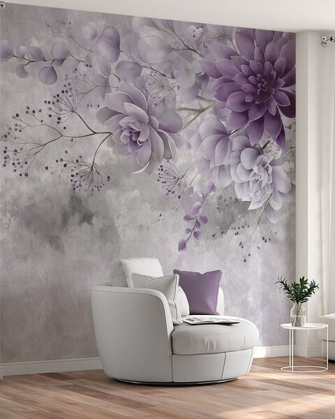 Tapety Pohľad zhora na fantazijné kvety v retro štýle, v odtieňoch fialovej, Fototapety akvarel, w05753v2 : Uwalls.sk