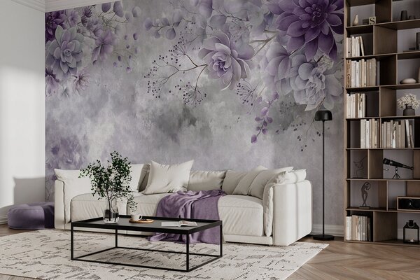 Tapety Pohľad zhora na fantazijné kvety v retro štýle, v odtieňoch fialovej, Fototapety akvarel, w05753v2 : Uwalls.sk