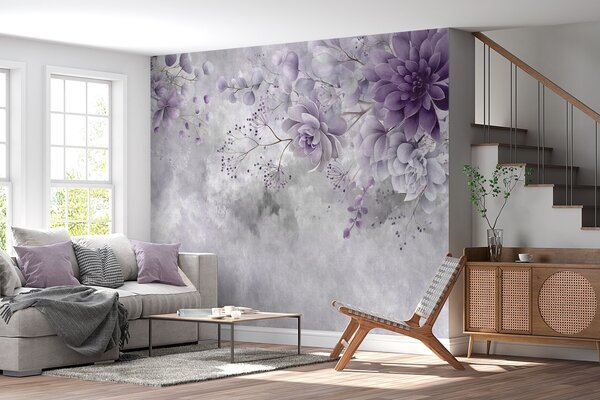 Tapety Pohľad zhora na fantazijné kvety v retro štýle, v odtieňoch fialovej, Fototapety akvarel, w05753v2 : Uwalls.sk