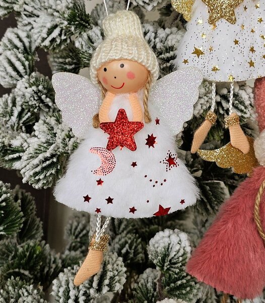Biela látková závesná dekorácia anjel s hviezdičkou - 8*3*15 cm - Clayre & Eef