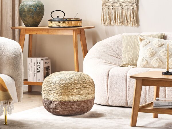 Jutová taburetka prírodná béžová a hnedá okrúhla 50 x 40 cm výplň z polystyrénového granulátu boho bytové doplnky