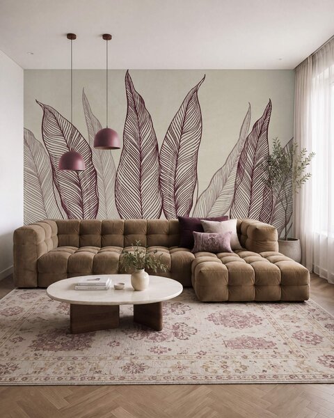 Tapety Štýlové bordové listy s komplikovanými líniovými detailmi, Fototapety s prírodnými motívmi, Fototapety palmové listy, w10030v1 : Uwalls.sk