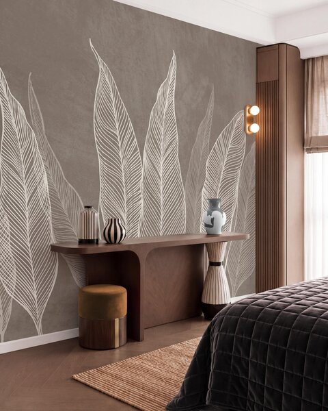 Tapety Štýlizované biele listy so zložitými čiarovými detailmi, Fototapety s prírodnými motívmi, Fototapety palmové listy, w10030v4 : Uwalls.sk
