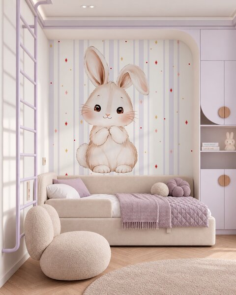 Tapety Roztomilý zajačik na pozadí fialových pruhov a jasných hviezd, Fototapety zvieratá, w05920v1 : Uwalls.sk