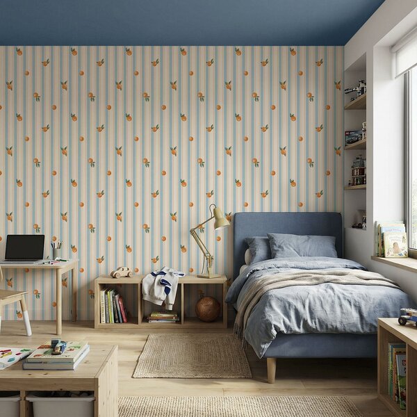 Tapety Oranžové ovocie na bledomodrých a krémových prúžkoch, Tapety geometria, Tapety pruhy, a01263v1 : Uwalls.sk
