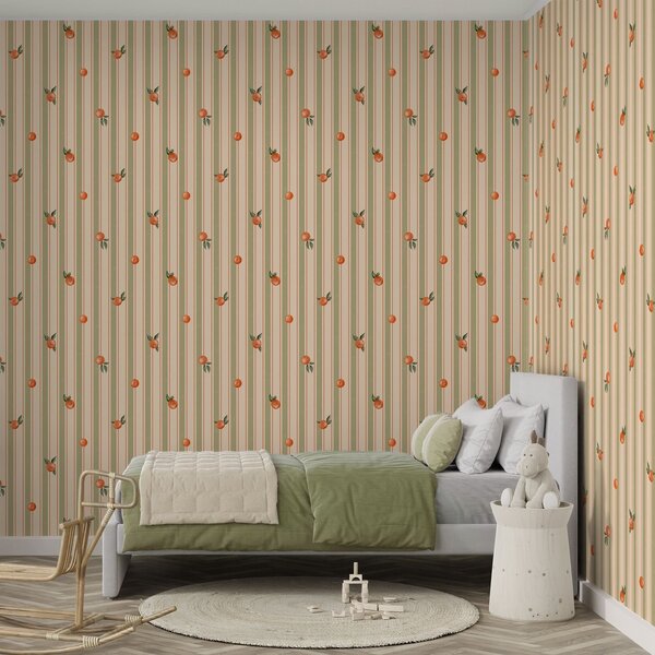Tapety Oranžové ovocie na olivovo-krémových pruhoch, Tapety geometria, Tapety pruhy, a01263v3 : Uwalls.sk