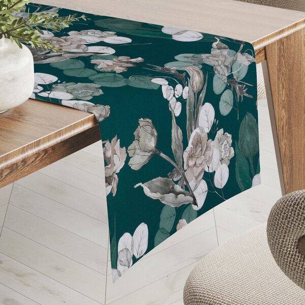 Biante Teflónový behúň na stôl TF-058 Kvety s eukalyptom na tmavo zelenom 20x120 cm