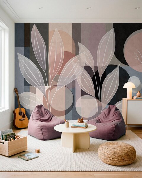 Tapety stylizované lístie na geometrickom pozadí v púdrových a tmavých odtieňoch, Jedinečné tapety, w05987v1 : Uwalls.sk