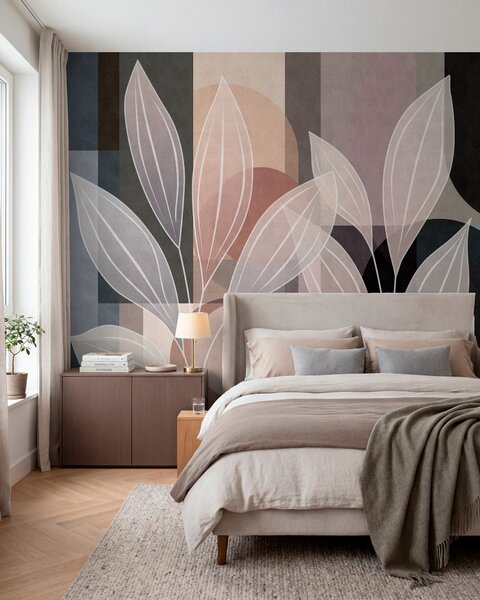 Tapety stylizované lístie na geometrickom pozadí v púdrových a tmavých odtieňoch, Jedinečné tapety, w05987v1 : Uwalls.sk