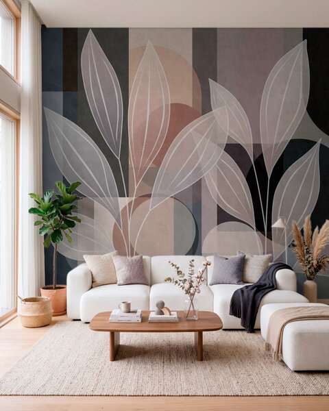 Tapety stylizované lístie na geometrickom pozadí v púdrových a tmavých odtieňoch, Jedinečné tapety, w05987v1 : Uwalls.sk