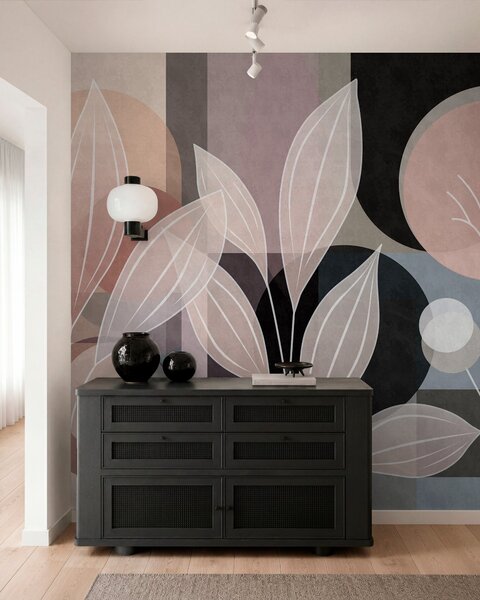 Tapety stylizované lístie na geometrickom pozadí v púdrových a tmavých odtieňoch, Jedinečné tapety, w05987v1 : Uwalls.sk
