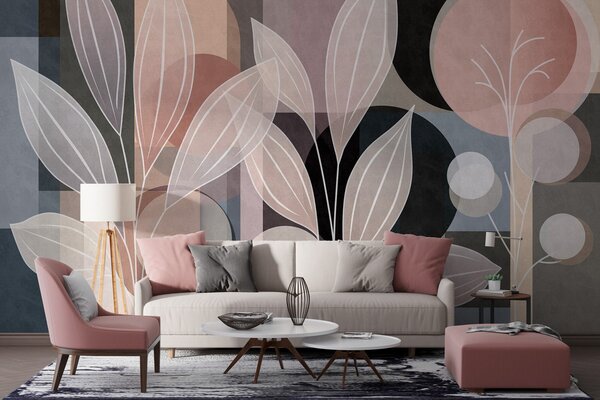 Tapety stylizované lístie na geometrickom pozadí v púdrových a tmavých odtieňoch, Jedinečné tapety, w05987v1 : Uwalls.sk