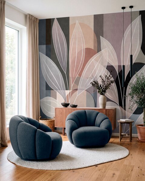 Tapety stylizované lístie na geometrickom pozadí v púdrových a tmavých odtieňoch, Jedinečné tapety, w05987v1 : Uwalls.sk