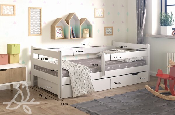 Detská biela posteľ 200x90 so zábranou + box Gres