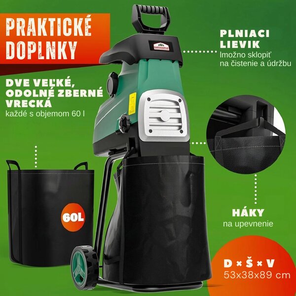Záhradný štiepkovač/drvič DIOX+2x 60l vrece, 3100W čierna/zelená Gardebruk