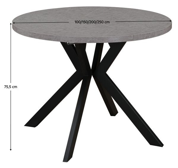 KONDELA Jedálenský rozkladací stôl, betón svetlý/čierna, 100-250x75,5 cm, LUKOS