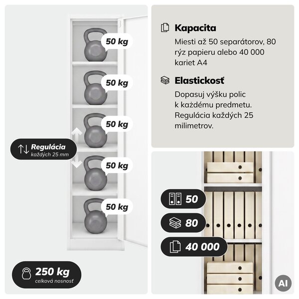 Skriňa na spisy kartotéková na kľúč biela, 450x1850x600 mm: ALEX D600