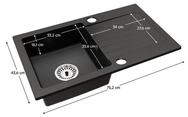 KONDELA Granitový drez so sifónom a odkvapkávacou plochou, univerzálny, čierna, 75,2x43,6, NOEL